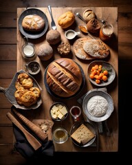  a wooden table topped with lots of different types of breads and other foods on top of a wooden table.