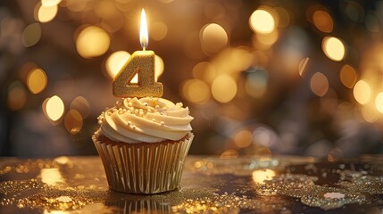 Celebrate with a golden candle number 4 in a cupcake
