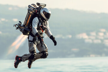 Man fly with Jetpack: Portable device with jet propulsion for vertical takeoff and flight.