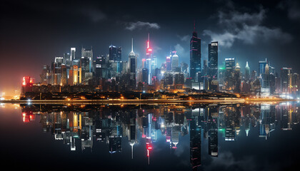 Obraz premium Skyscrapers illuminate city skyline, reflecting on dark waterfront generated by AI