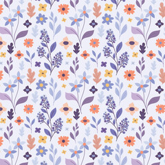 Modern floral seamless pattern. Cute romantic wildflowers pattern on light grey background. Spring flowers pattern. Ditsy floral print, purple and orange colors