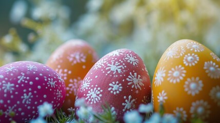  a group of colorfully decorated eggs sitting on top of a field of green and white flowers in front of a blurry background.