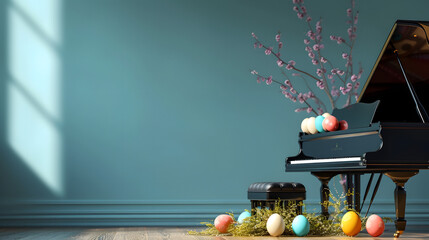 Grand Piano With Easter Eggs on the Ground