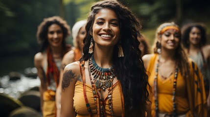 A group of women wearing traditional native american dresses near the river