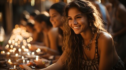 A woman smiles at a table full of candles in a restaurant