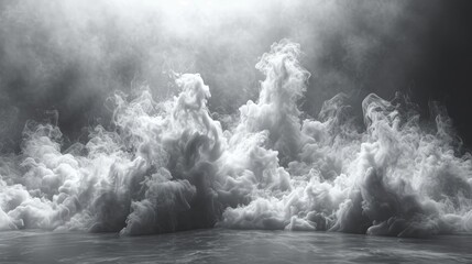  a black and white photo of a large amount of smoke coming out of the top of a body of water.