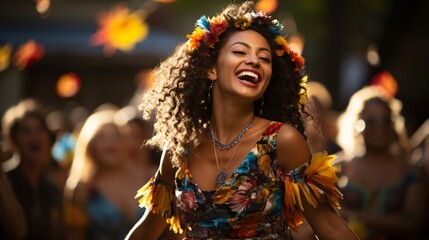 Beautiful women laughing at a street festival holding a flower crown