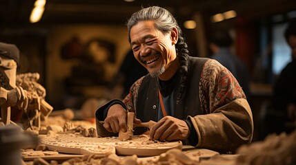 Asian man smiling while making wood carvings