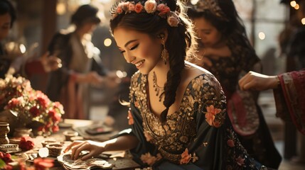 Beautiful young woman working at flower table