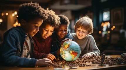 Four young kids gathered around a toy globe