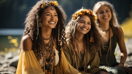 Three women with flowers in their hair wearing traditional native american dresses by a lake