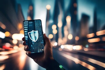 Fototapeta na wymiar Blurred cityscape with a smartphone featuring a shield emblem, symbolizing robust cybersecurity measures in the digital realm.