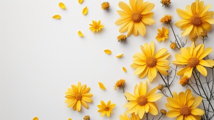 Beautiful minimalistic white background with yellow daisies on the side