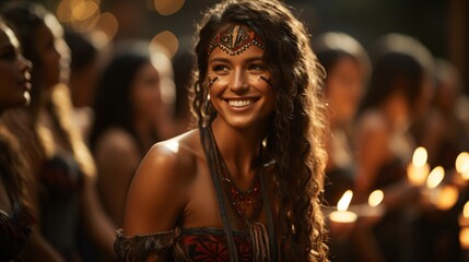 Young woman dressed in native art jewelry smiling with a group of candles in the background