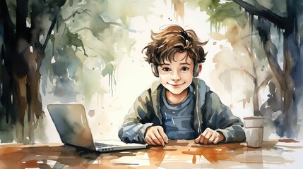 Fototapeta na wymiar Boy learns online with laptop. Concept of modern children and gadgets, new generation alpha, online games. Watercolor.