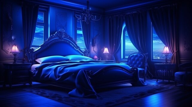 Luxurious blue led lighting bedroom night interior design, ultra HD wallpaper image