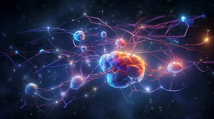 Naklejka na ściany i meble Neurons connected with electrical impulses inside an artificial intelligence.