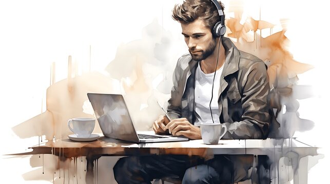 Man with headphones and microphone with laptop. Concept illustration for working, studying, education, work from home.