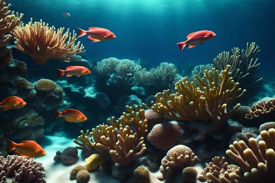 A realistic 3D render of a coral reef with vibrant marine life and detailed textures