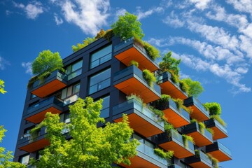 Modern eco-friendly residential building with balconies and vertical garden. Contemporary exterior design, trendy finishing materials. Bottom up view.