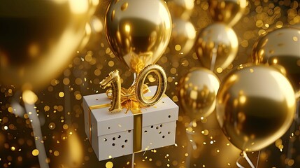 Celebrate a happy 10th birthday with gold surprise balloons and a gift box.