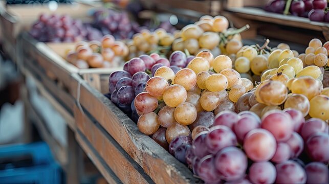 Fresh grapes displayed at the farmers market, offering a healthy and vitamin-rich snack.