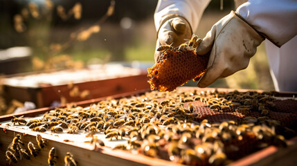 Beekeeper hands picking a large box containing honey - obrazy, fototapety, plakaty