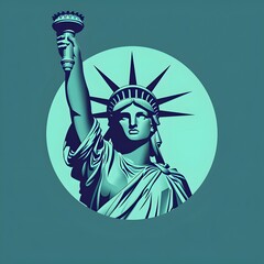 the statue of liberty in a teal green background
