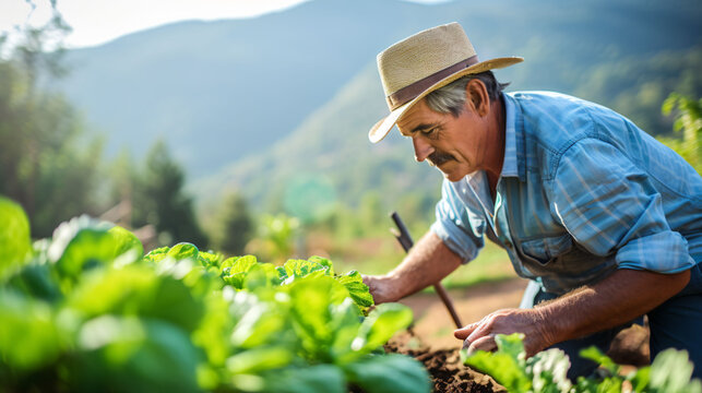 Farmer is reaching for his greens in his vegetable garden