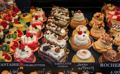 Delicate petit four desserts at an artisanal bakery cafe, Strasbourg, France