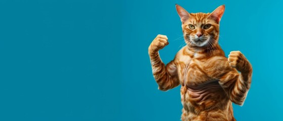 Portrait of Strong cat body builder super muscles. bodybuilder cat with arms crossed. image of a pet cats head on a human bodybuilders body on blue background with copy space. Generative ai
