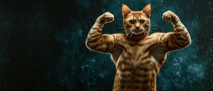 Portrait of Strong cat body builder super muscles. bodybuilder cat with arms crossed. image of a pet cats head on a human bodybuilders body on black background with copy space. Generative ai