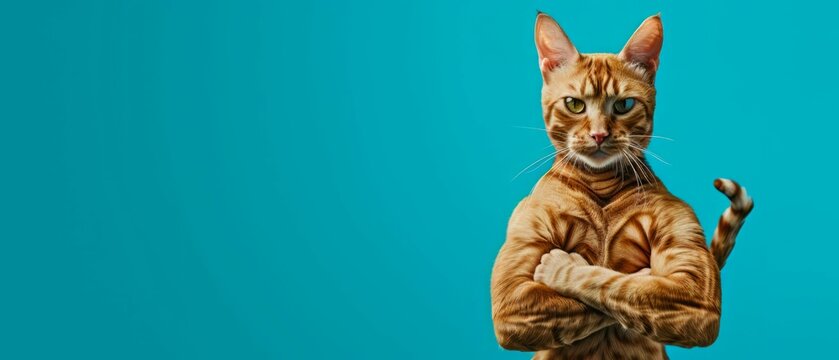 Portrait of Strong cat body builder super muscles. bodybuilder cat with arms crossed. image of a pet cats head on a human bodybuilders body on blue background with copy space. Generative ai