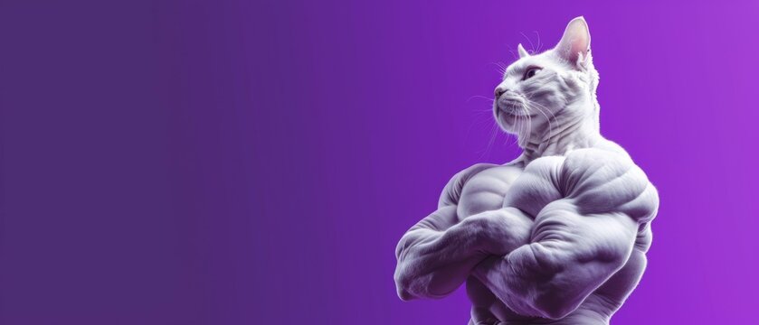 Portrait of Strong white cat body builder super muscles. bodybuilder cat with arms crossed. image of a pet cats head on a human bodybuilders body on purple background with copy space. Generative ai