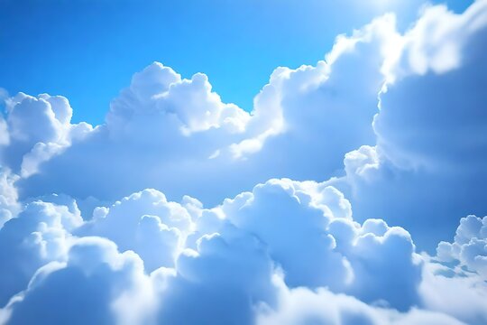 A 3D image of fluffy white clouds against a bright blue sky, with realistic depth and texture