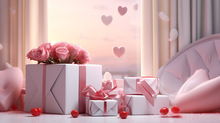 Frame made of gift boxes and paper hearts on white background. Valentine's Day celebration
