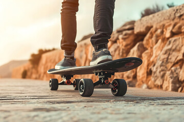 Electric Skateboard with built-in electric motors for propulsion. Close-up look.