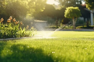 a sprinkler irrigates a flowerbed on a grass lawn with water in a summer garden. Watering green vegetation, digging in the dry season to maintain its freshness. - obrazy, fototapety, plakaty