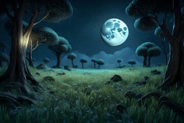 Obraz na płótnie Canvas A 3D background of a moonlit forest clearing, with detailed textures of the grass and trees in the moonlight