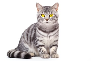 Obraz premium Portrait of gray tabby cat on white background. Lovely pet