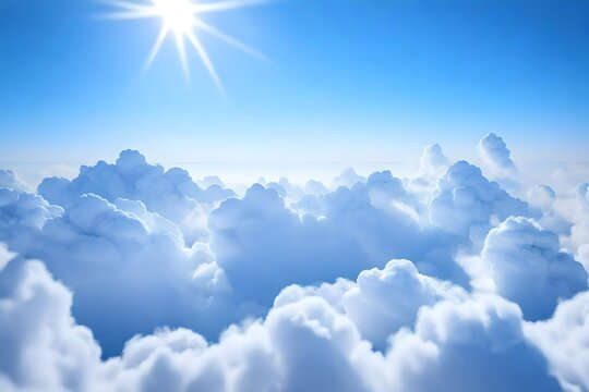 A 3D image of fluffy white clouds against a bright blue sky, with realistic depth and texture