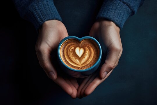 Close-up image of a man's hands holding a fresh morning cappuccino with milk foam. mug with a heart. heart drawn on coffee foam.