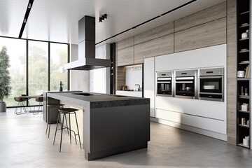 Two ovens and a black bar stand are constructed into a blank white wall in this side view of a contemporary kitchen