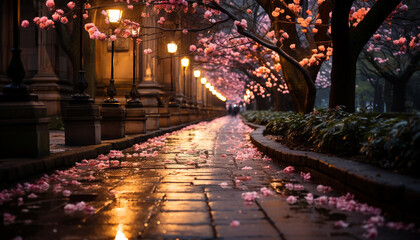 Pink cherry blossoms illuminate the city streets at dusk generated by AI - obrazy, fototapety, plakaty