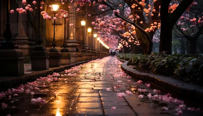 Fotobehang Pink cherry blossoms illuminate the city streets at dusk generated by AI © Jemastock