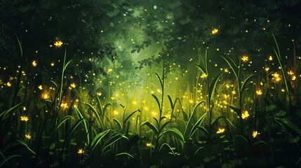 fairy forest with glowing insects. - obrazy, fototapety, plakaty