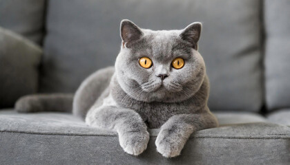 British Shorthair grey cat lying on grey couch, resting.