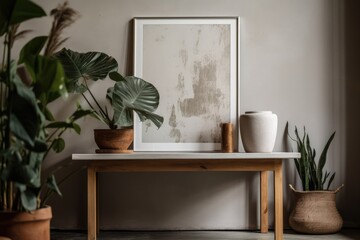 mock uo poster frame and a tropical house plant with dry leaves in a lovely white ceramic vase are shown against a background of a cement wall and a table in earth tones