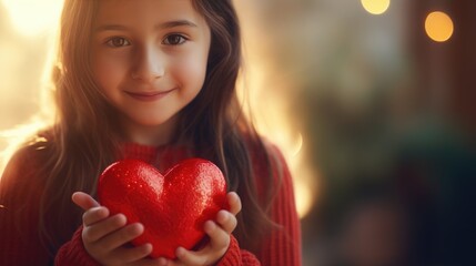 Valentine's Day, girl in a green dress on a background of leaves, happy, holding a heart in her hands and rejoicing - obrazy, fototapety, plakaty