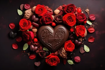 Fotobehang Chocolate candies and dried rose flowers heart shape composition. Sweet gift of love for St. Valentines Day. © inna717